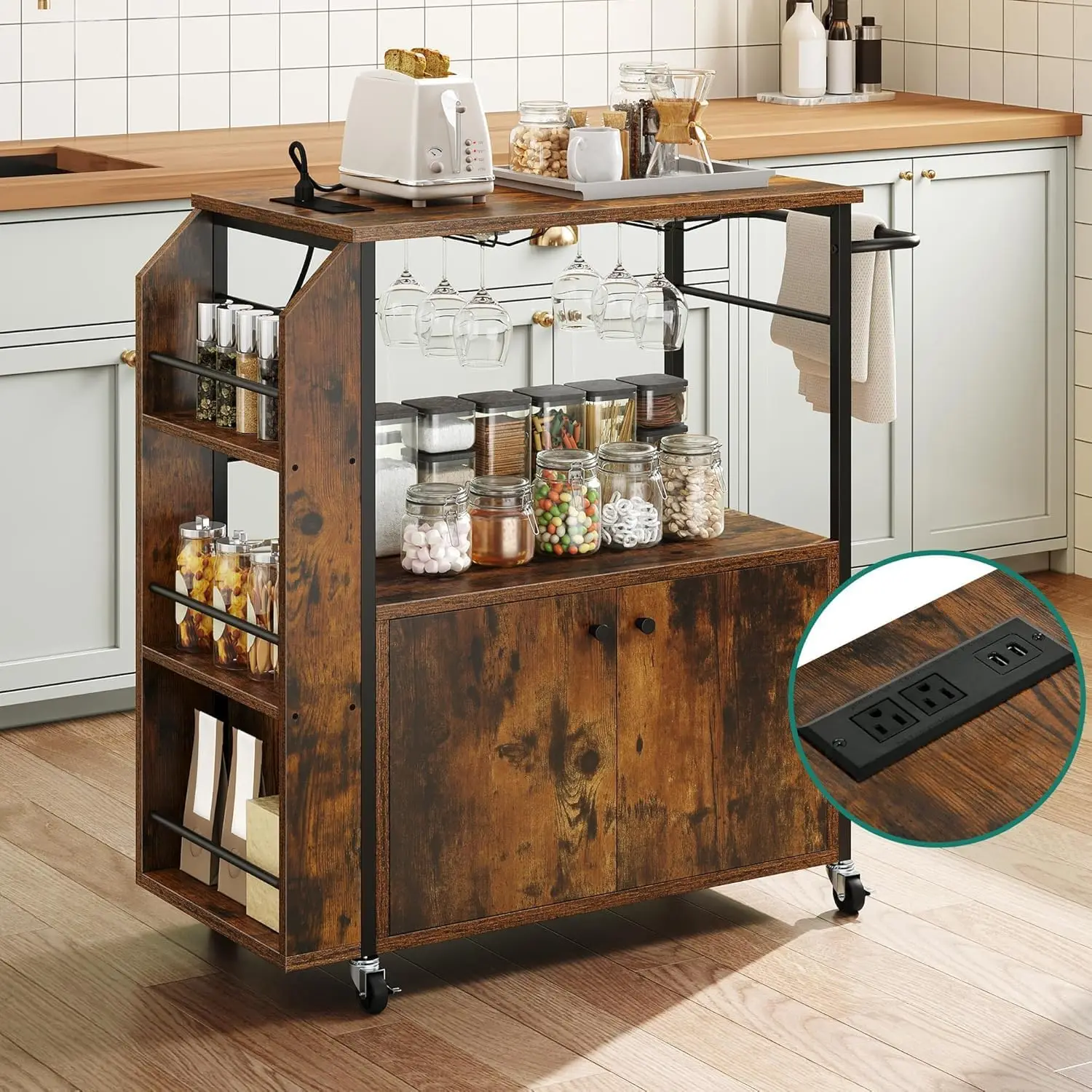 Yitahome Mobile Kitchen Island Cart With Power Outlet, 33 Inch Rolling Kitchen Cart With Storage, Small Serving Utility Carts