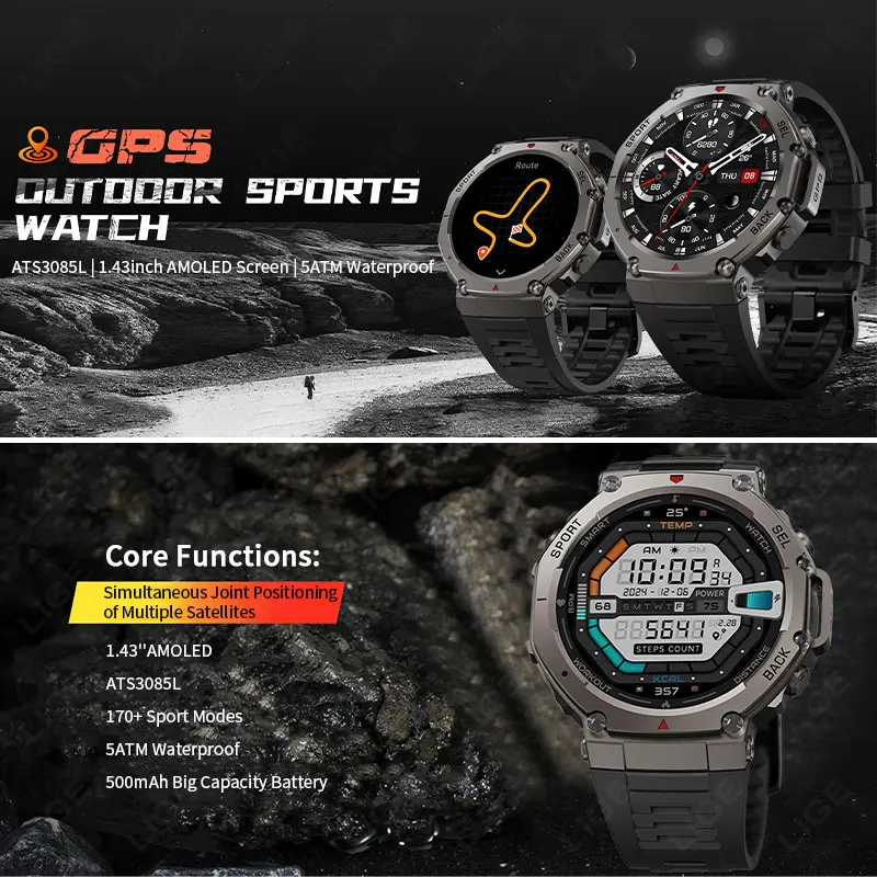 LIGE 5ATM impermeable 500mAh batería de doble banda GPS reloj inteligente 2025 nuevo altímetro brújula BT llamada deportes al aire libre Smartwatch hombres