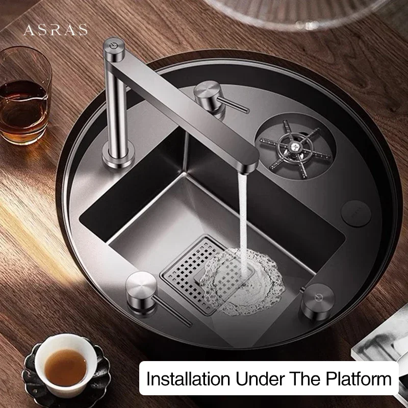 ASRAS Nanometer Hidden Circular Mini Kitchen Island Sink 304 Stainless Steel 4mm Thickness Handmade Sinks Cup Rinser Sinks