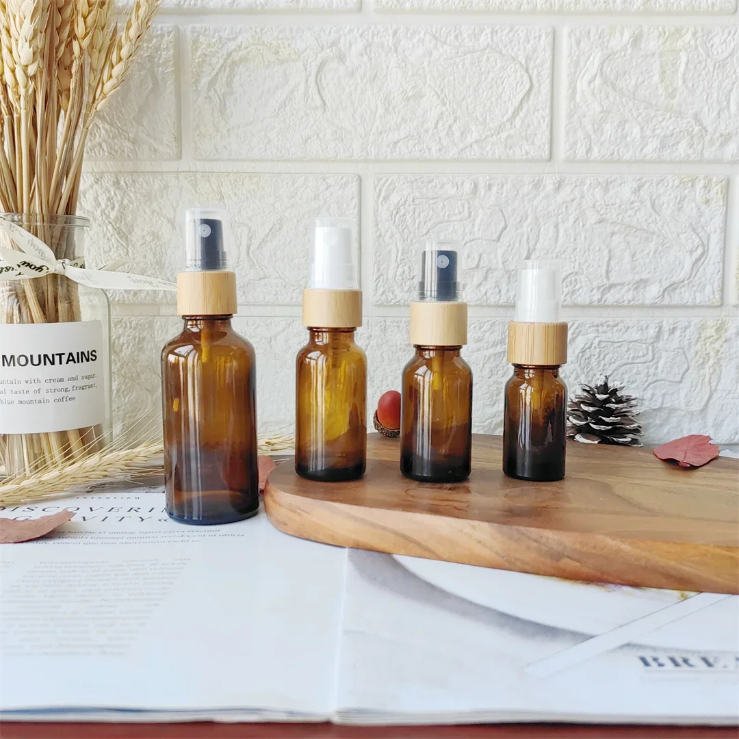 Amber Glass Mist Spray Bottle with Bamboo Fine Mist Sprayer Empty Refillable Lotion Container for Beauty Skin Care Travel Bottle