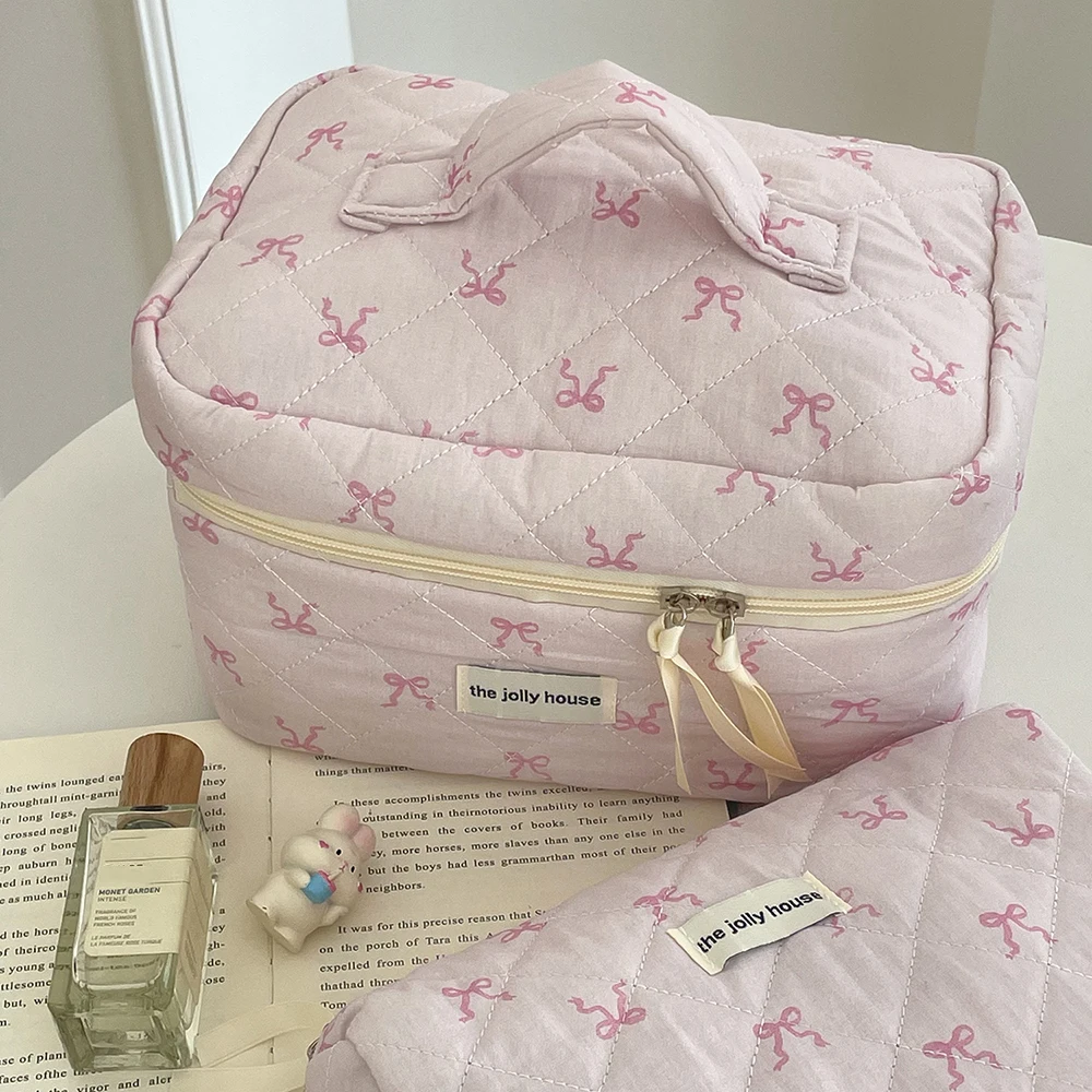 Wholesale Pink Bowknot Quilting Women Cosmetic Bag Portable Zipper Makeup Travel Organizer Female Toiletry Handbag