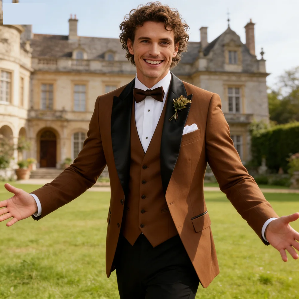 

AnnieBritney Men's 3-Piece Smoking Tuxedo with Double Breasted Blazer And Slim Fit Pants Wedding Lapel Peak Suit for Men