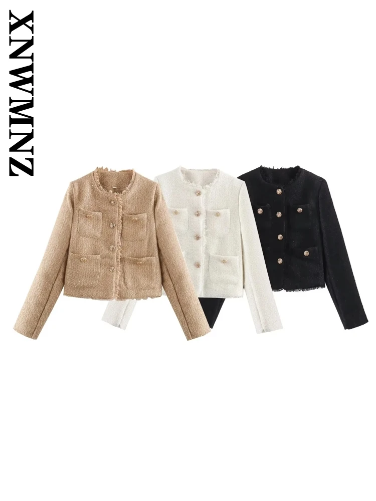 XNWMNZ 2024 New Autumn Woman's Casual O-Collar Single-breasted Jacket Coat Female Fashion Long Sleeve Solid Color Pockets Top