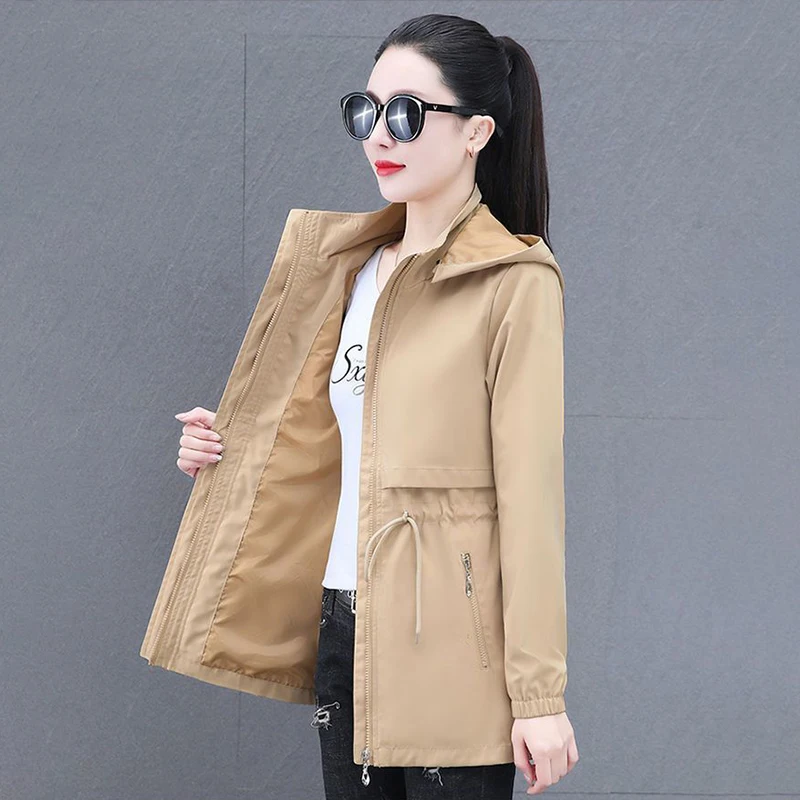 

2025 Spring Autumn New Lace-Up Chic Casual Windbreakers Women's Overcoat Loose Medium Long Hooded Windproof Trenchcoat Coat