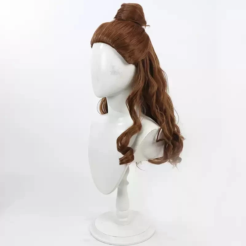 2024 New Type Princess Belle Cosplay Wig Emma Waston Long Brown Wavy Ponytail Heat Resistant Synthetic Hair Halloween Costume