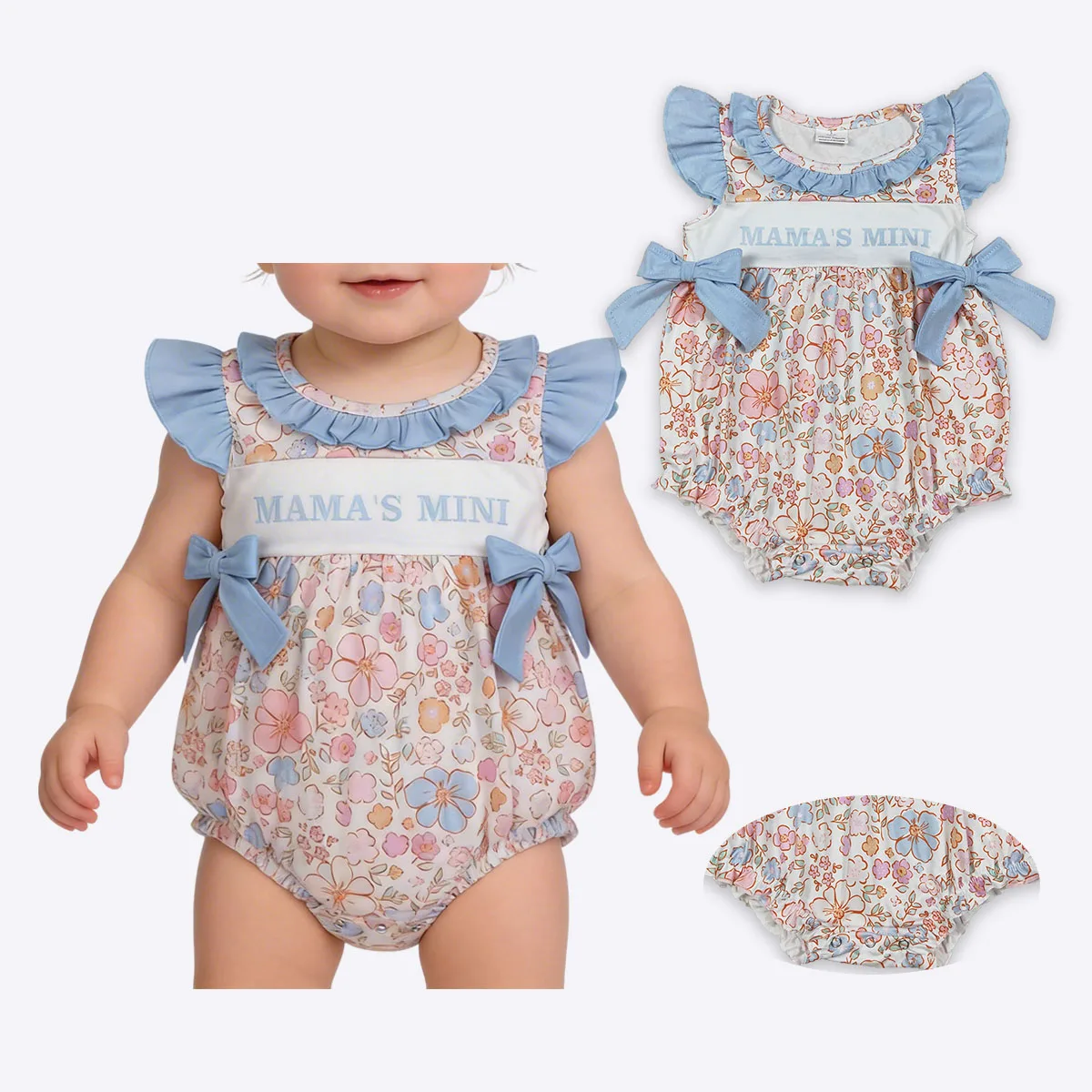 Newborn Baby Girls Flutter Sleeve Mama's Mini Colorful Flowers Ruffle Romper Kids Bubble Comfortable Children Clothing Wholesale