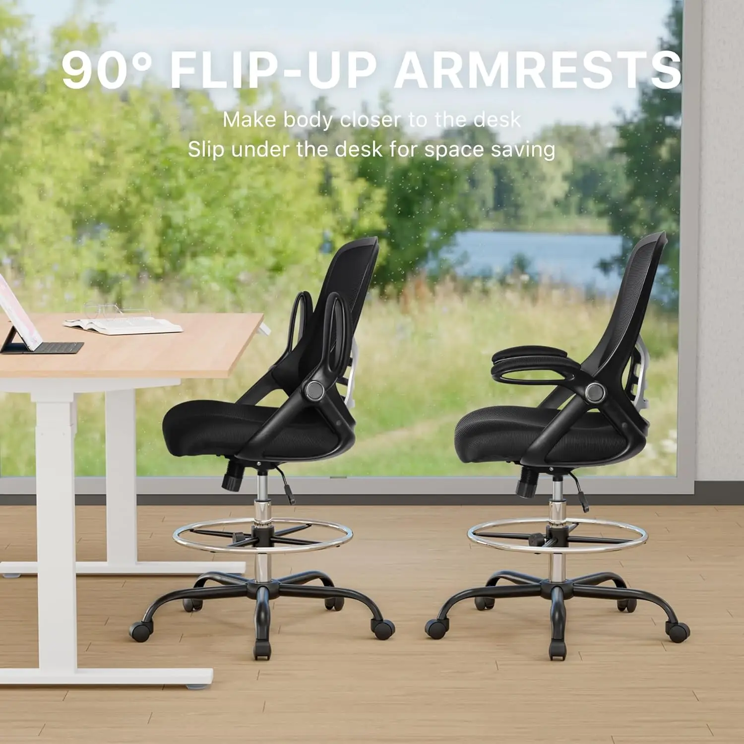 Kursi Penyusunan Kursi Kantor Tinggi Bangku Meja Berdiri Jaring Belakang Tinggi dengan Cincin Pijakan Kaki yang Dapat Disesuaikan dan Lengan Flip-Up (Hitam)