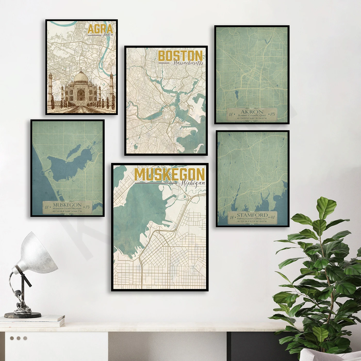 Sandusky Bridgeport Hartford Akron Kansas Rehoboth Muskegon Burlington Agra Boston. City Travel Map Poster