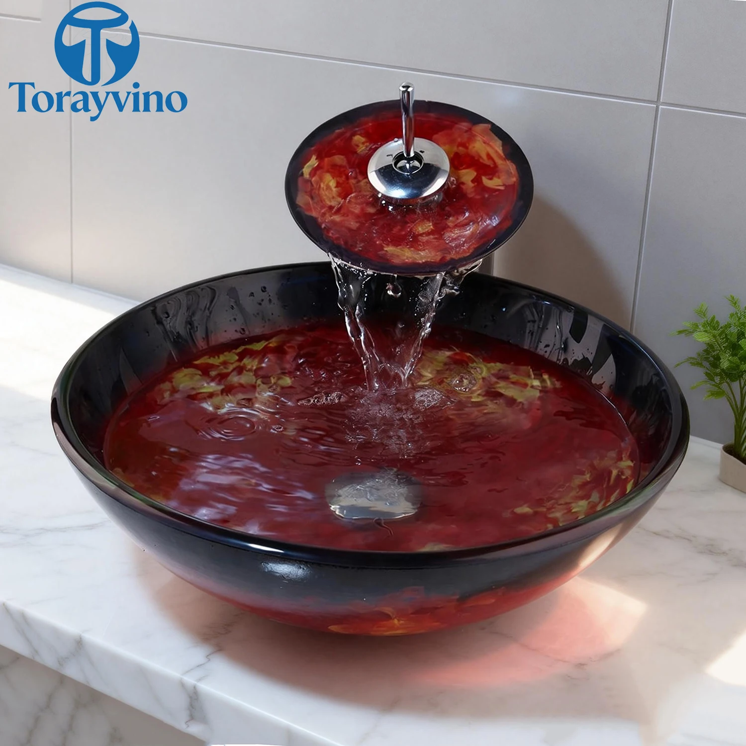 Torayvino bathroom sink basin lavabos modernos Waterfall Glass Hand Painted wash basin deck mounted faucet Water Mixer taps