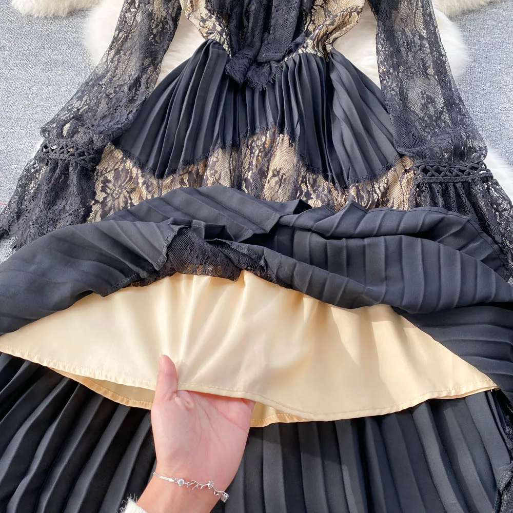 2023 Fashion Black Lace Party Dress Women Clothing Bow Collar Long Flare Sleeve Elegant Hollow Out Stitching Pleated Vestidos