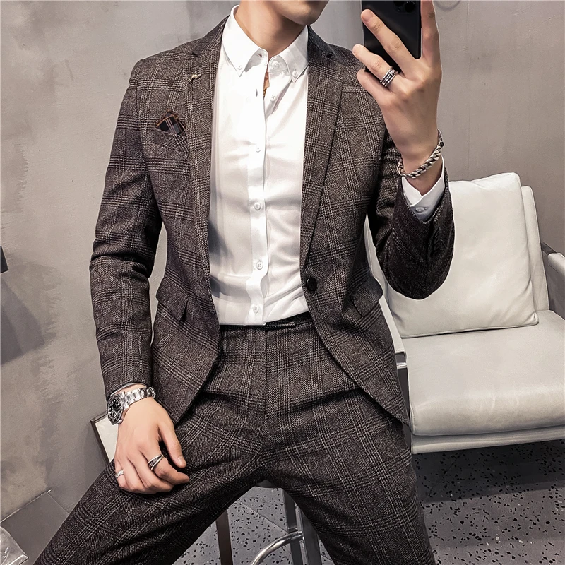 

Luxury Men Slim Fit Check Suit Men Business Office Formal Suits 2 Pcs Set Blazers Pant Casual Wedding Social Tuxedo Dress Homme