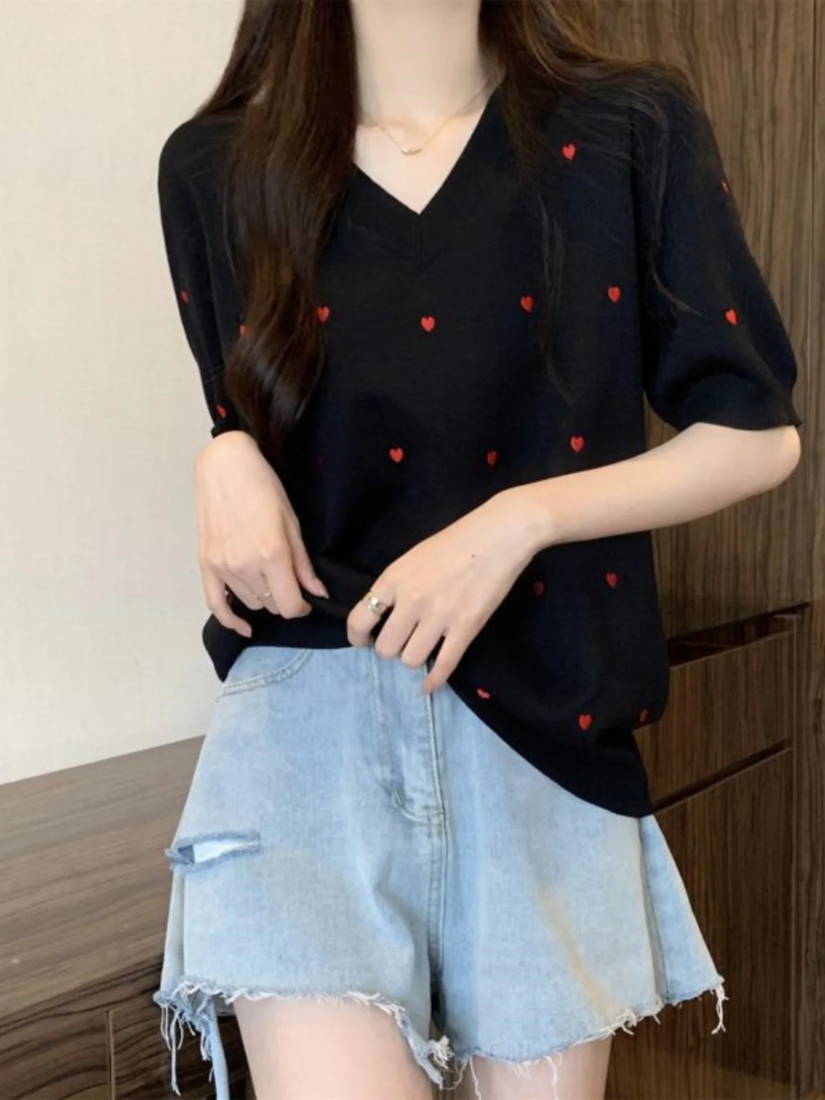 

plus Size Women's T-irt Embroidered Ice Silk Knitted Loose Fit Summer Top Sweet Princ Sle ort Sve V-Ne Sweatirt