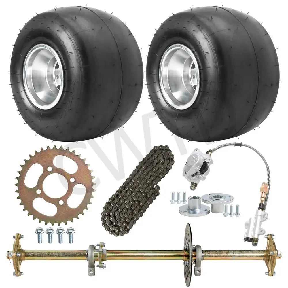 

Inch Rear Axle Assembly Set with 11x7.105 Tires, 5 Inch Wheels, 420 37T Sprocket, 190mm Brake Disc, 3 Stud Hubs, Chain and Brak