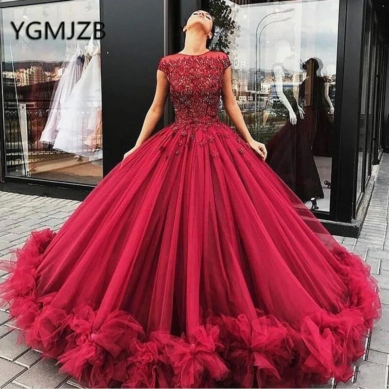 

Long Ball Gown Prom Dresses Beaded Lace Appliques Puffy Saudi Arabia Women Formal Evening Gowns Special Occasions Customized