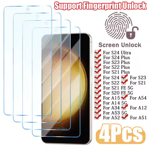 4PCS Fingerprint Unlock Screen Protector For Samsung S24 Ultra S23 S22 S21 Plus A15 A14 A53 S20 S21 FE 5G A54 A52 Tempered Glass