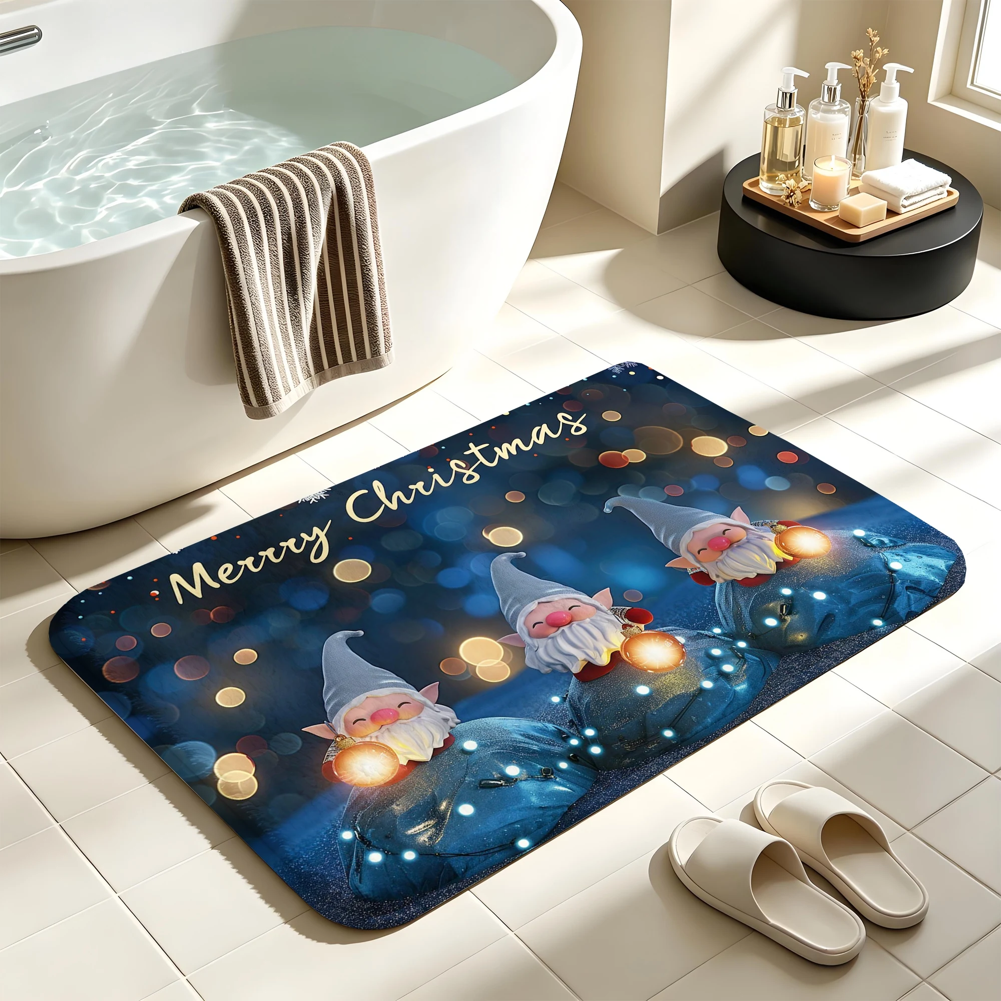 Night Bokeh Christmas Gnome Lamp Light Print Plush Absorbent Sponge Mat,Bathroom Non‑Slip Mat & Decorative Door Mat