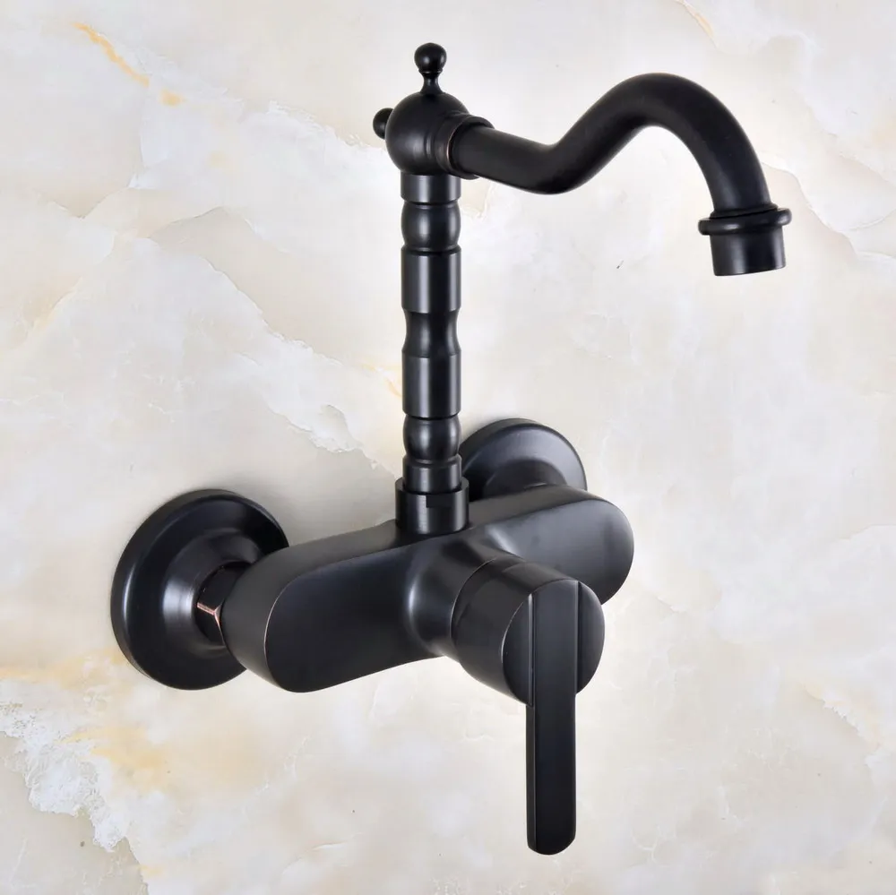 

Oil Rubbed Bronze Single Handle Dual Hole Wall Mount Bathroom Basin Cold Hot Mixer Taps Swivel Spout Kitchen Sink Faucet Dnf845