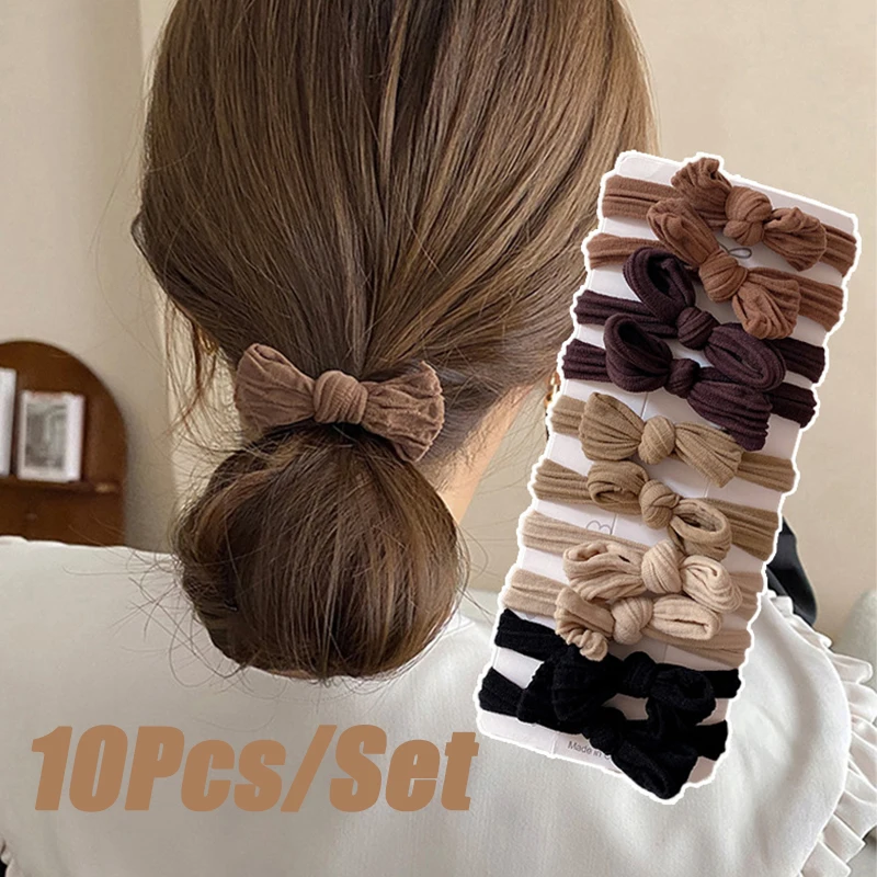 10Pcs/Bag Korean Women Bowknot Elastic Hair Bands Solid Seamless Rubber Bands for Girls Hair Accessories Ponytail Hair Tie Rope