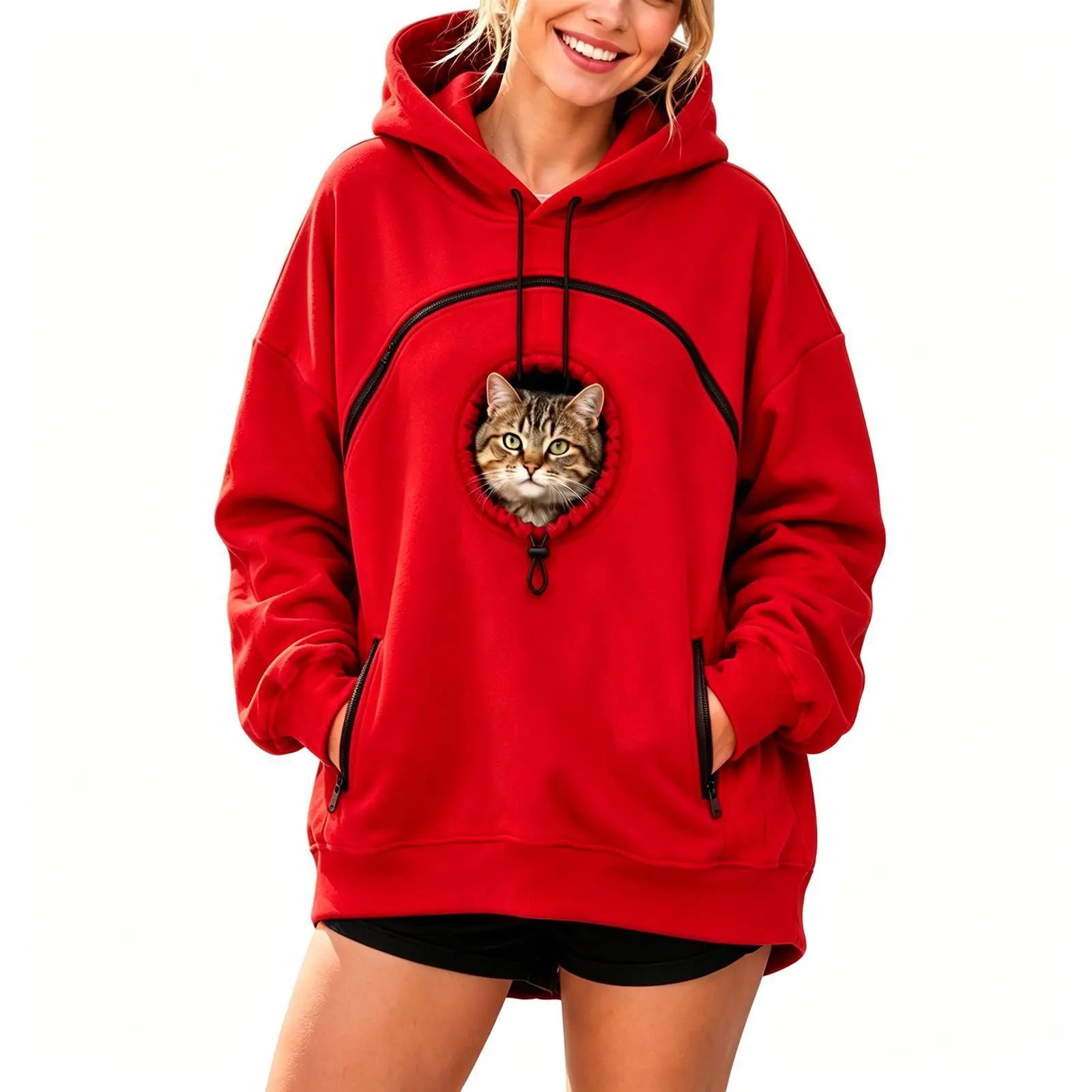 Personalized LOGO Customized Women's Hooded Pet Cat Pocket Casual Sweater Zipper Long Sleeve Hooded Fleece Top
