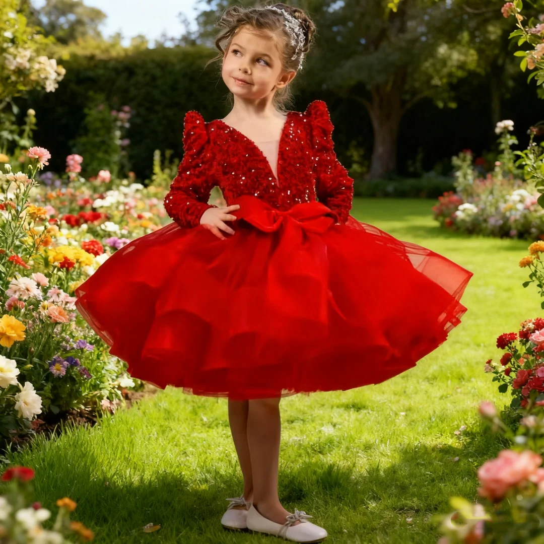 فستان فتاة الزهور اللامع من الدانتيل بأكمام طويلة بطول الركبة فستان الأميرة لحفلات الزفاف وأعياد الميلاد ومهرجانات التجميل والحفلات