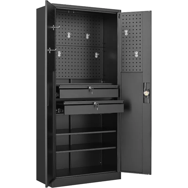 Metal Storage Cabinet-Heavy Duty Tool Cabinet Multifunctional Garage Storage with 2 Drawers&Lockable Doors, Pegboard