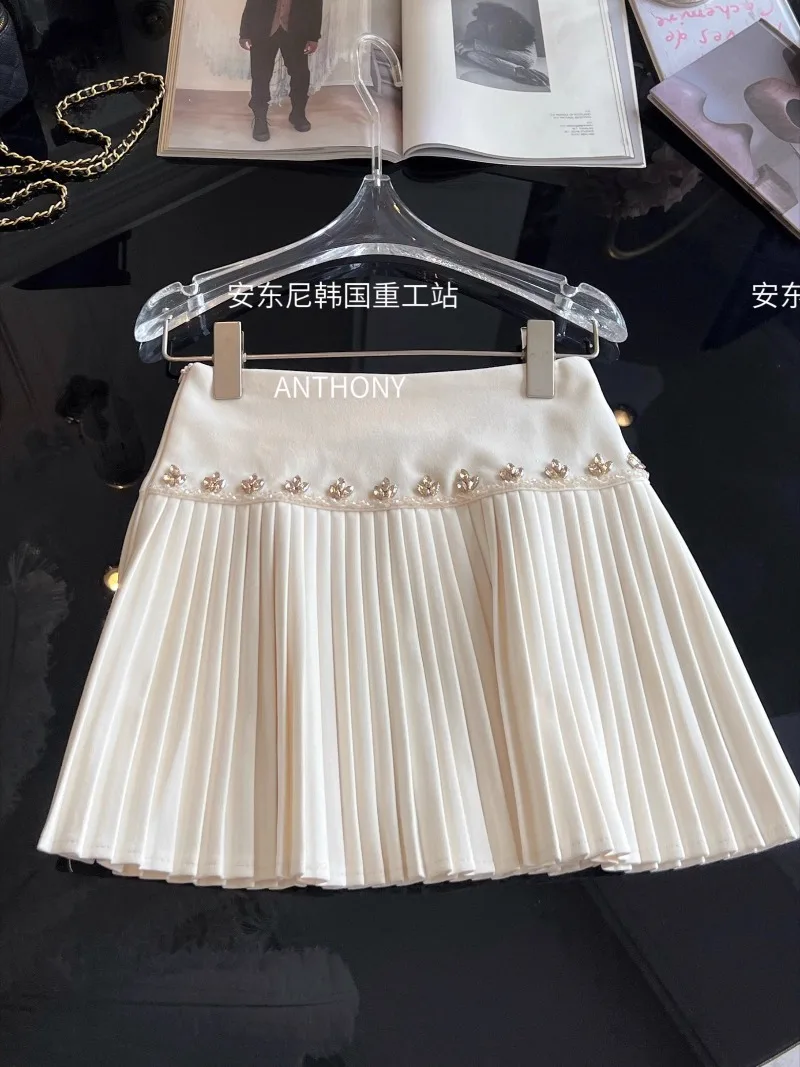 

Socialite Style Elegant Pleated Skirt Women Autumn Winter Heavy Rhinestone High Waist Slim A-line Skirts High-end Mini Skirt