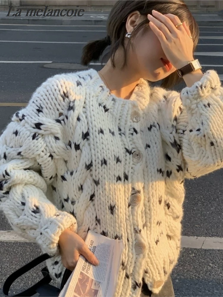 Autumn And Winter 2024 New Knitted Cardigan Sweater Women Fashion Fried Dough Twists Loose Sweaters Vintage Round Neck Jumpers