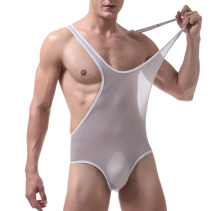 Sexy Men Bodysuits Thongs Fetish Transparent Mesh Penis Pouch Jumpsuits Leotard Teddies Undershirts Lingerie Bodywear Catsuits