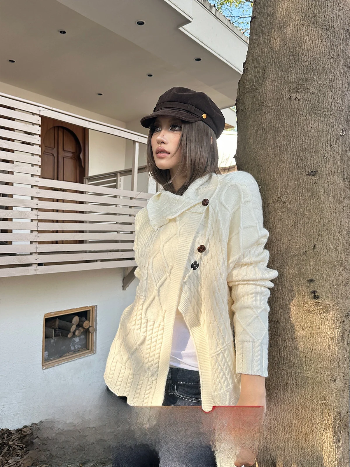 

Женский шерстяной вязаный кардиган GOGOBURN с асимметричным отложным воротником, осенне-зимняя верхняя одежда, тонкий, с длинными рукавами, стандартный крой