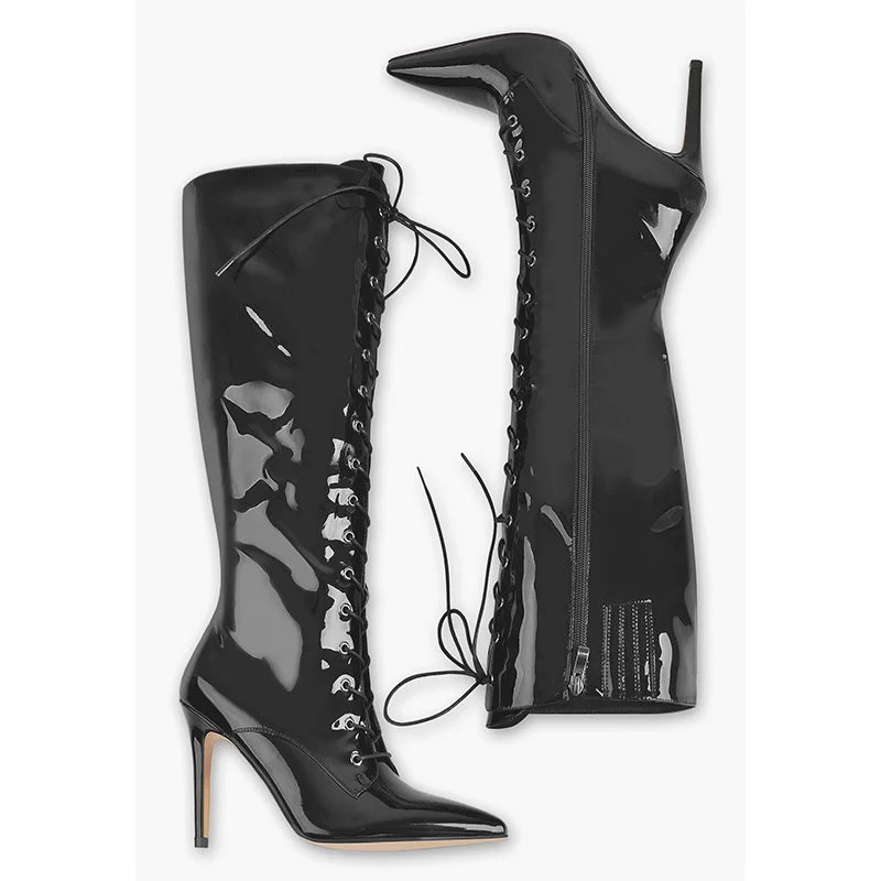 

Onlymaker Women Knee High Boots Pointed Toe Lace Up Thin High Heel Sexy Stiletto Zip Black Patent Handmade Big Size Boots