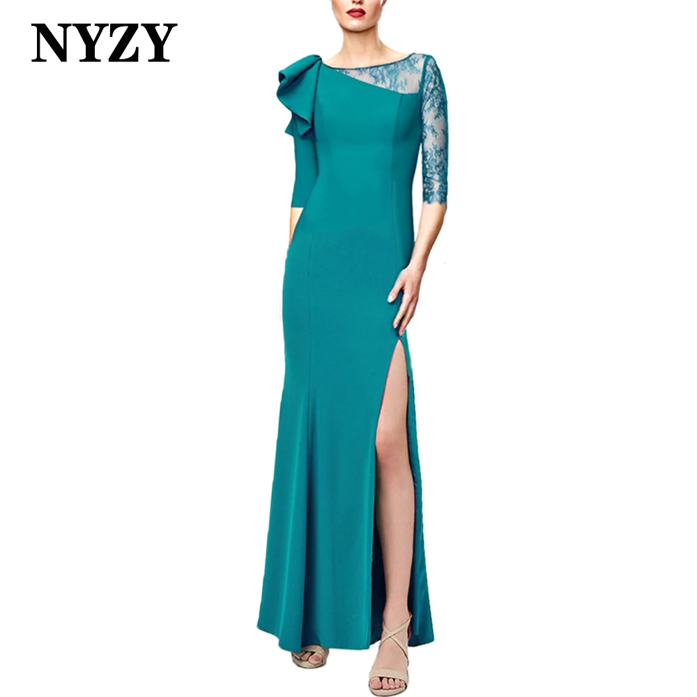 

NYZY E417A Jersey Half Sleeves High Slit Mother of the Bride and Groom Dresses with Sleeves 2024 Teal Wedding Party Guest Wear