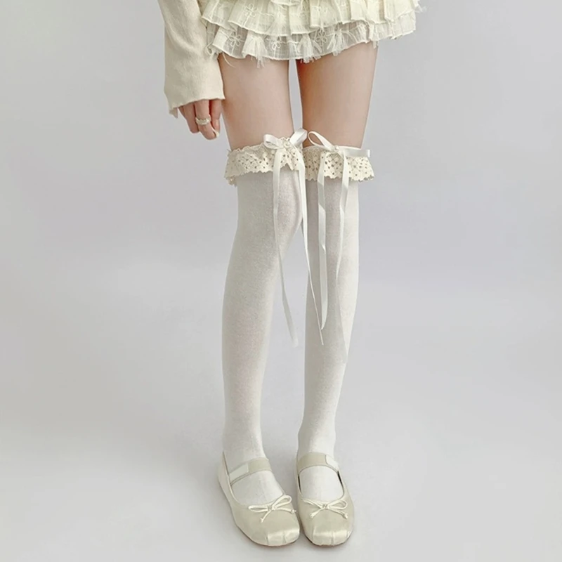 JK Girl Thigh High Stockings Sweet Bowknot Lace Frilly Trim Over Knee Long Socks