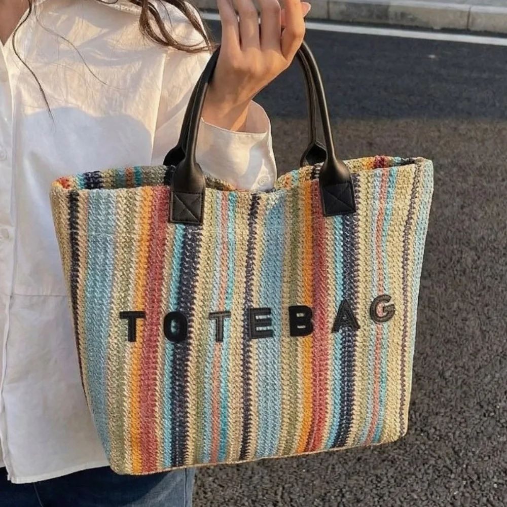 

Cute Woven Straw Tote Bag Letter Large Capacity Rainbow Tote Bag Shoulder Bag Tote Pouch Armpit Bags Fitness Bag