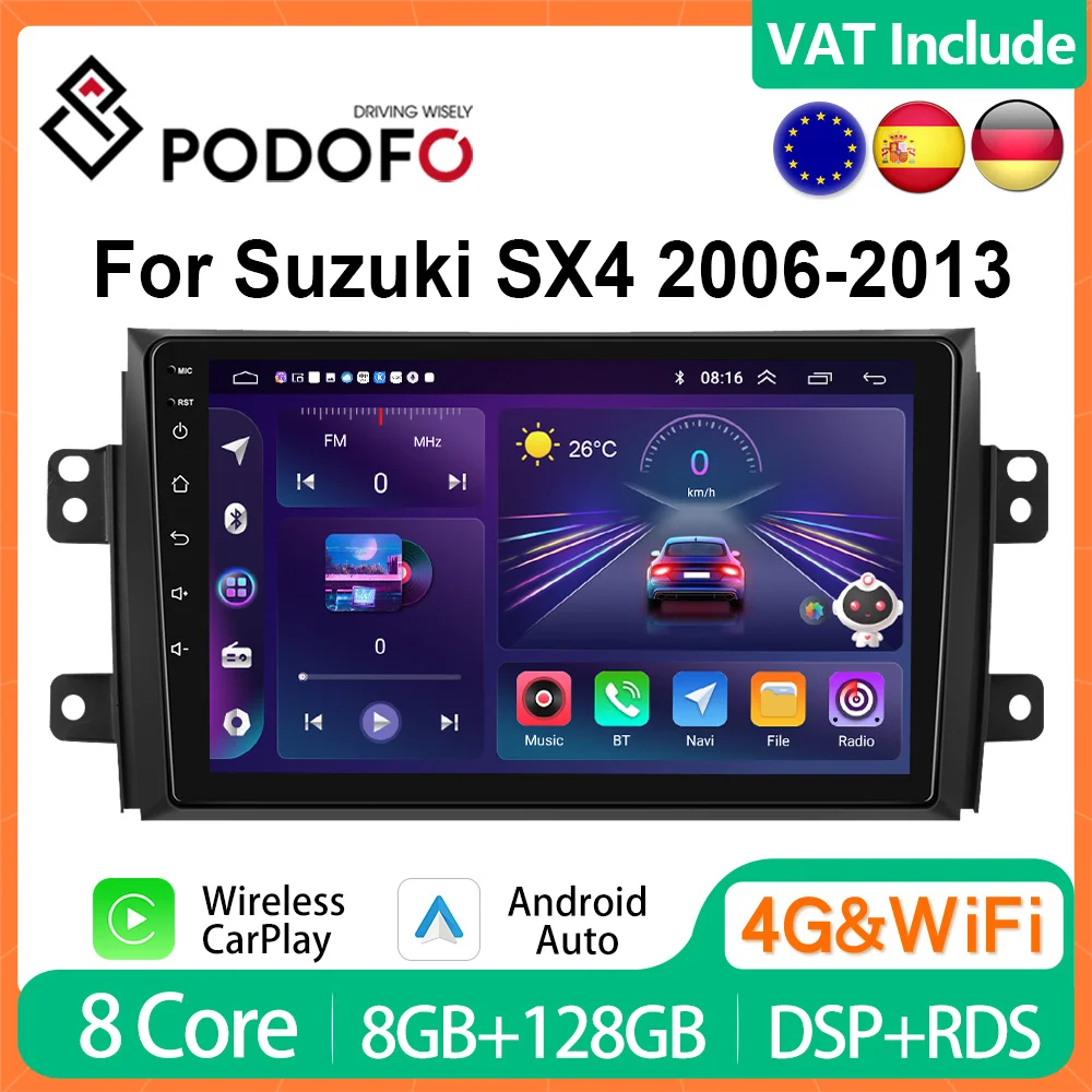 Podofo Android Auto CarPlay Car Radio For Suzuki SX4 2006-2013 For Fiat Sedici 2005-2014 Multimedia Player 2din Stereo Head Unit