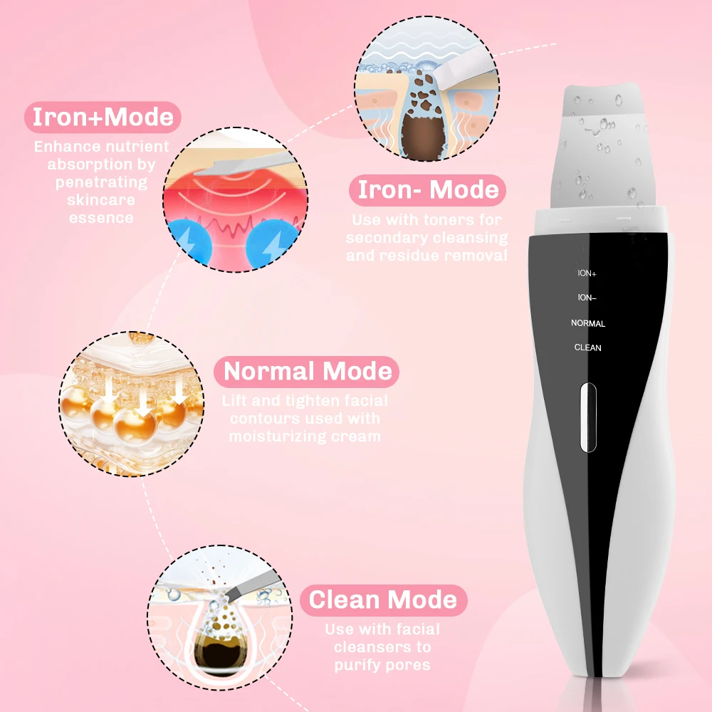 Ultrasonic Cleaning Machine Face Skin Spatula Scrubber Ionic Cleaner Facial Exfoliator Scraper Blue Red Light Blackhead Remover