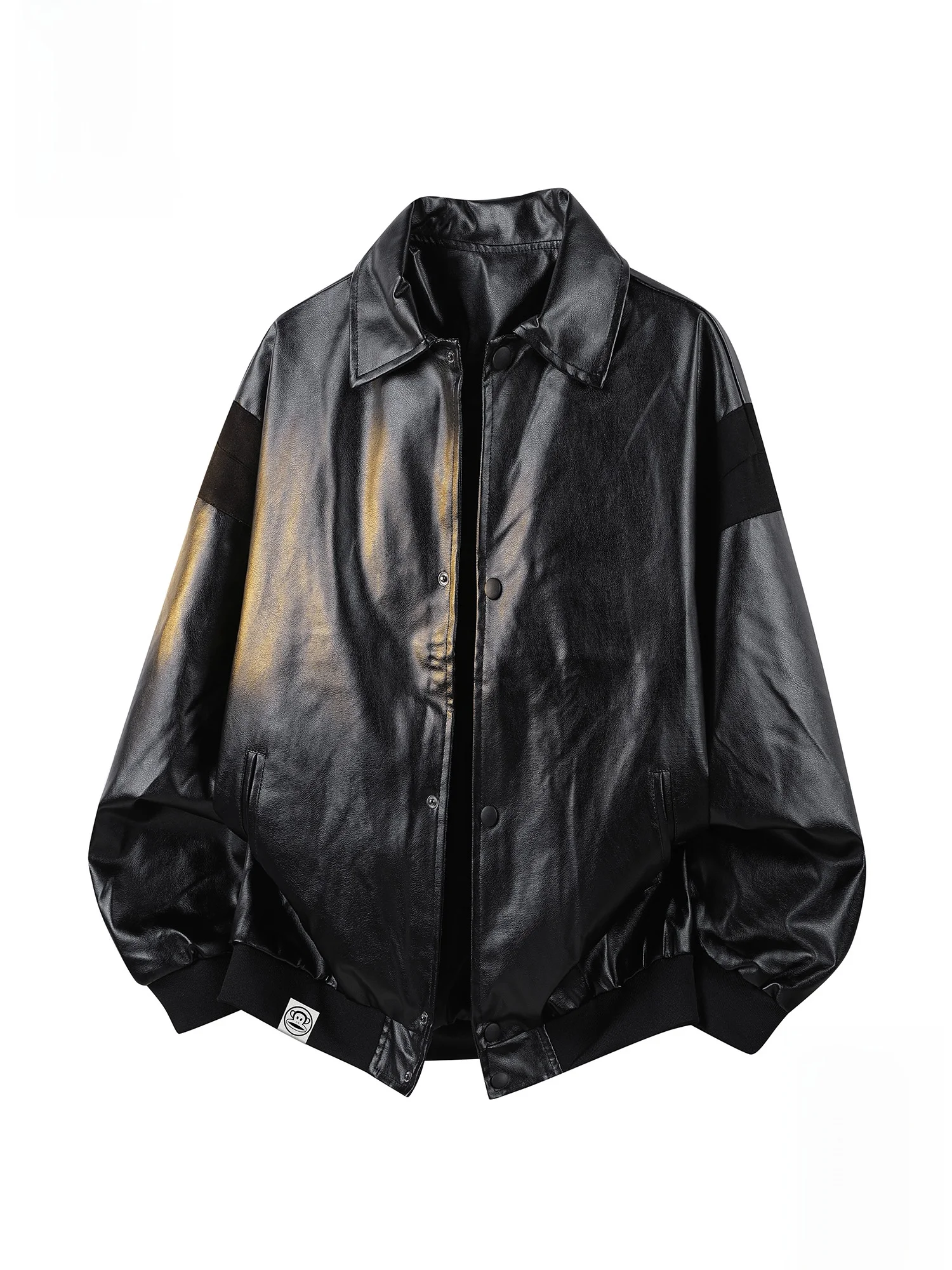 

PaulFrank Glossy Leather Jaet Men's Spring New Loose Casual Lapel Coat Youth Faion PU Leather Long Sve Regular Fit