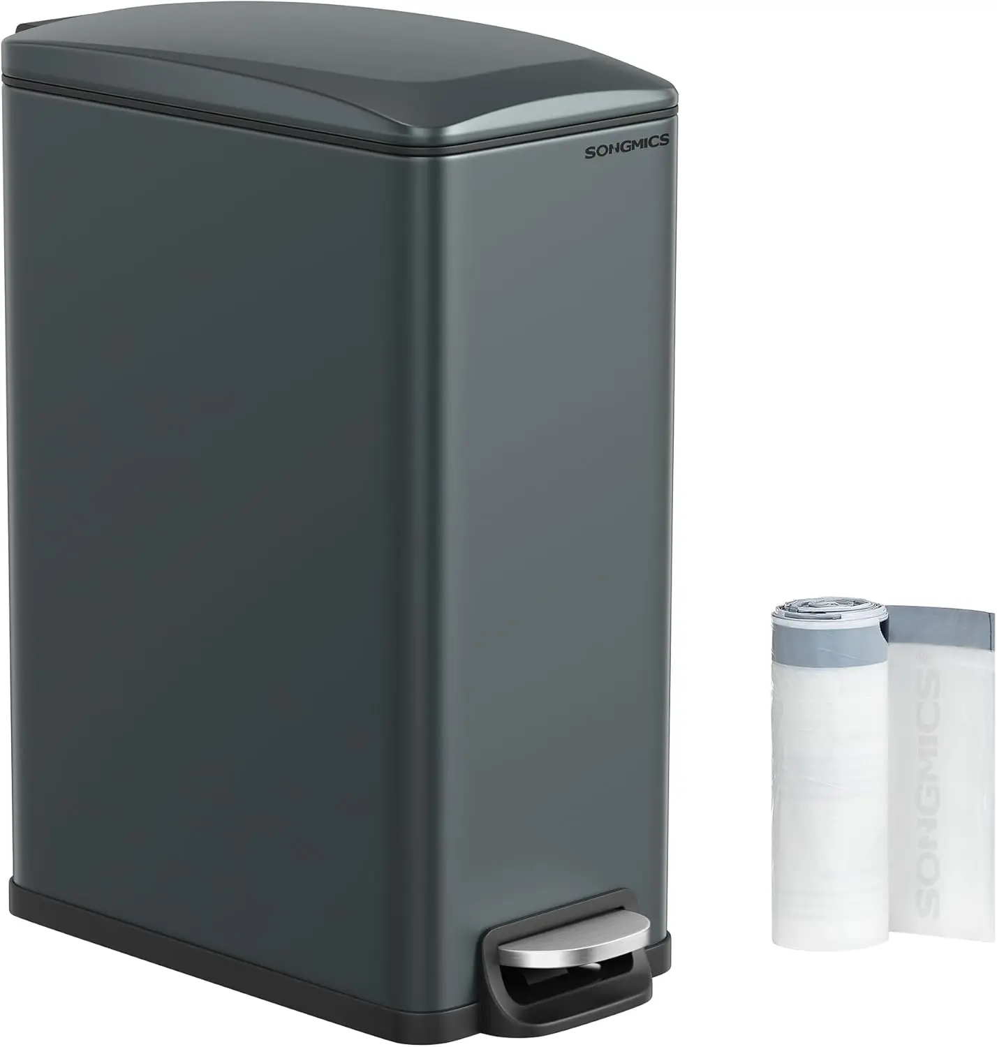 13-Gallon (50 L) Garbage Can for Narrow Spaces with Soft-Close Lid, Inner Bucket, and Step-on Pedal, Stainless Steel