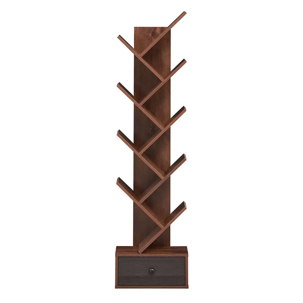 Costway 10-Tier Wooden Tree Bookshelf w/Drawer Display Storage Organizer Rack Brown