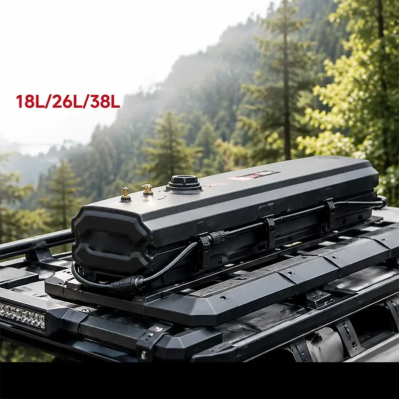 Roof Rack Mount Pressurized Water Tank Vehicle Water Storage Can with Pressure Relief Valve, Spray Head and Mounting Base