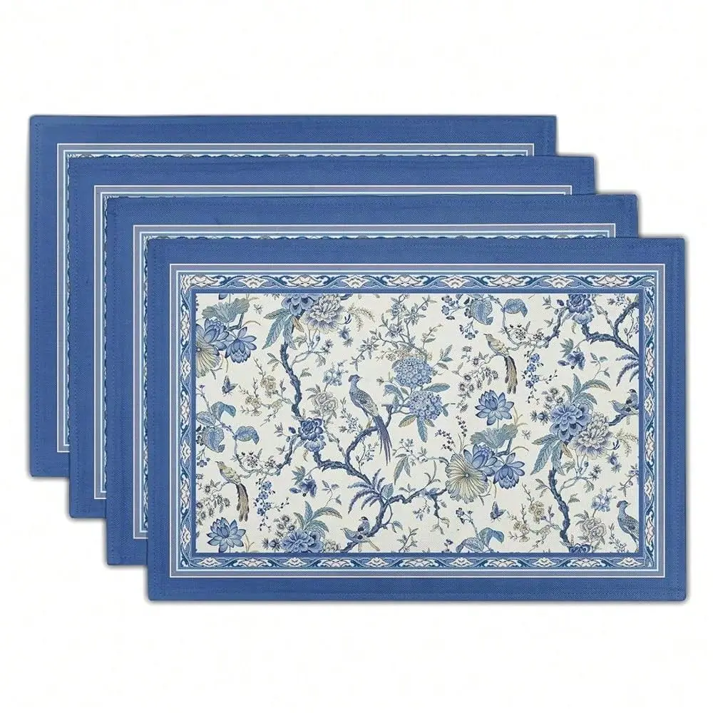 

4PCs Chinoiserie Placemats Blue White Floral Birds Decorative Linen Table Mat 12 X18 Oriental Style Classic Flowers Heat Resist