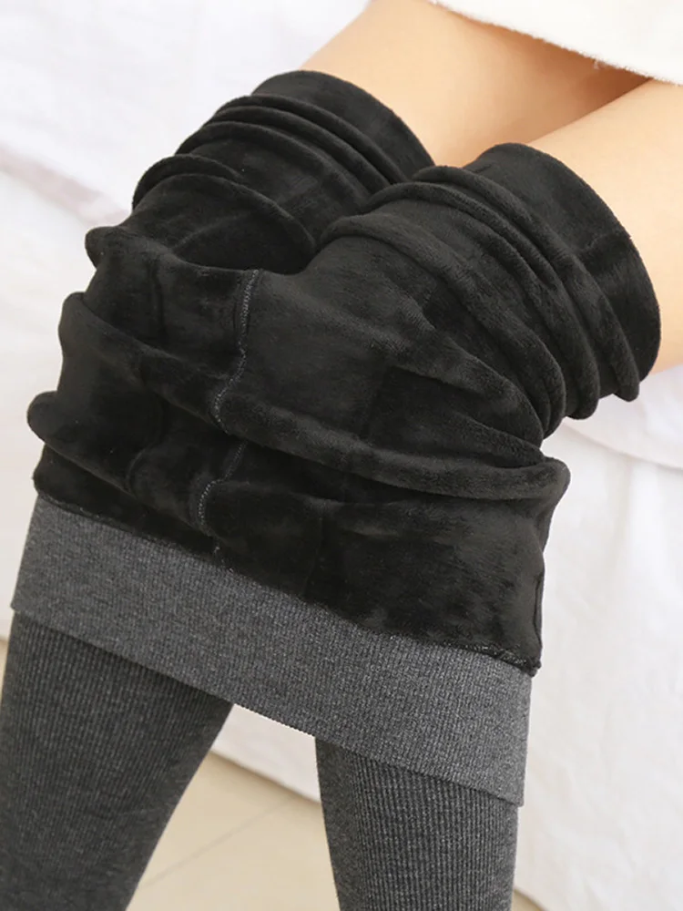 Women Thick Pantyhose High Waist Leggins Stripe Style Winter Warm Leggings Velvet Stretch Cashmere Thermal Pants Wool Gray Black