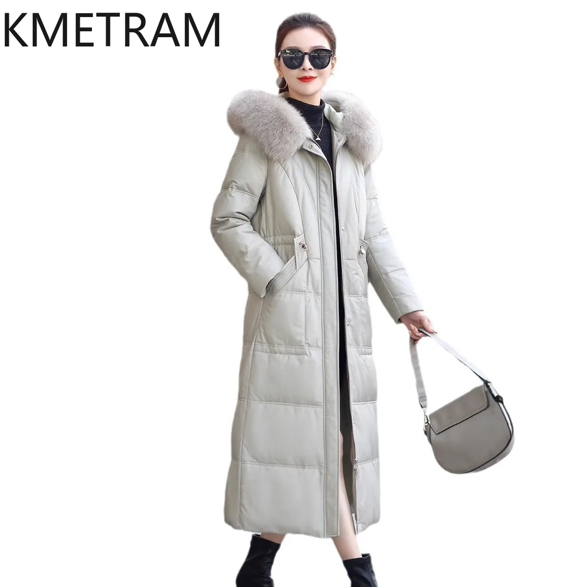 الأبيض أوزة أسفل سترة منفوخة النساء 100% جلد الغنم طويل أسفل معاطف مع غطاء محرك السيارة الثعلب الفراء طوق 2025 الشتاء ملابس امرأة putaхоovyк
