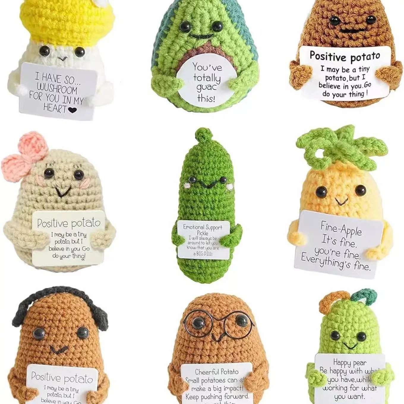 

9 Pcs Positive Potato Crochet Bulk, Emotional Support Pickle Crochet Funny Gift, Birthday Christmas Gifts for Women Men