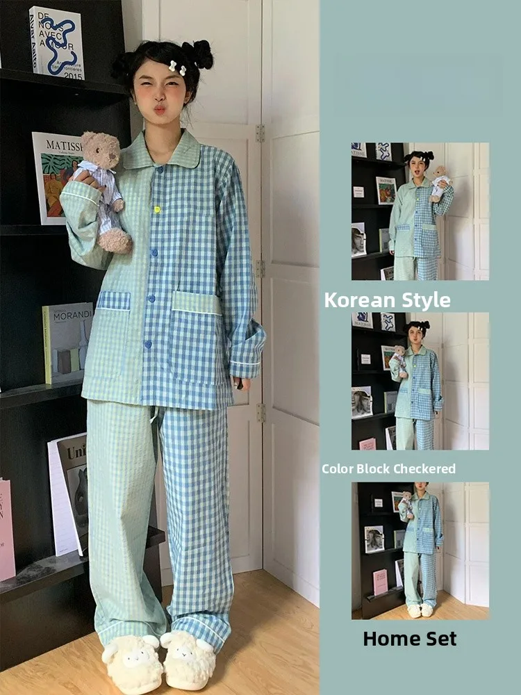 Korean Sle Long Sve Plaid Spwear Women's Spring Autumn Home Clothes Set High Waist Pants Comfortable Soft Material