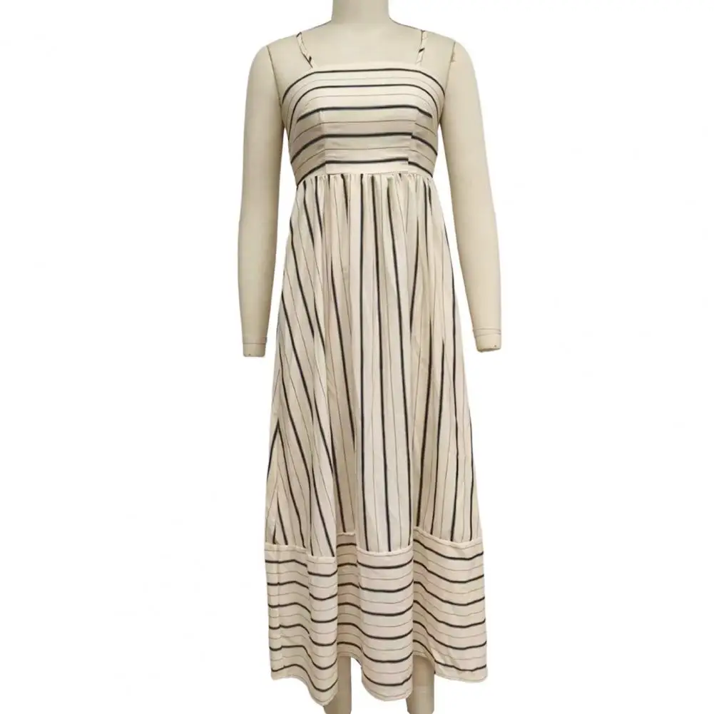 

Sweet Style Striped Dress Striped Print Sleeveless Maxi Dress with Spaghetti Straps Hollow Out Detail Women's A-line Vacation