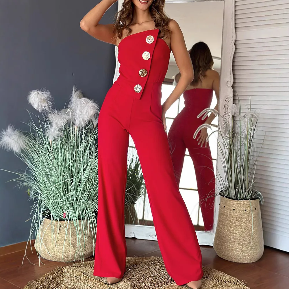 Women Asymmetrical Bandeau Strapless Jumpsuit Metal Button Decor Casual Overalls Pants