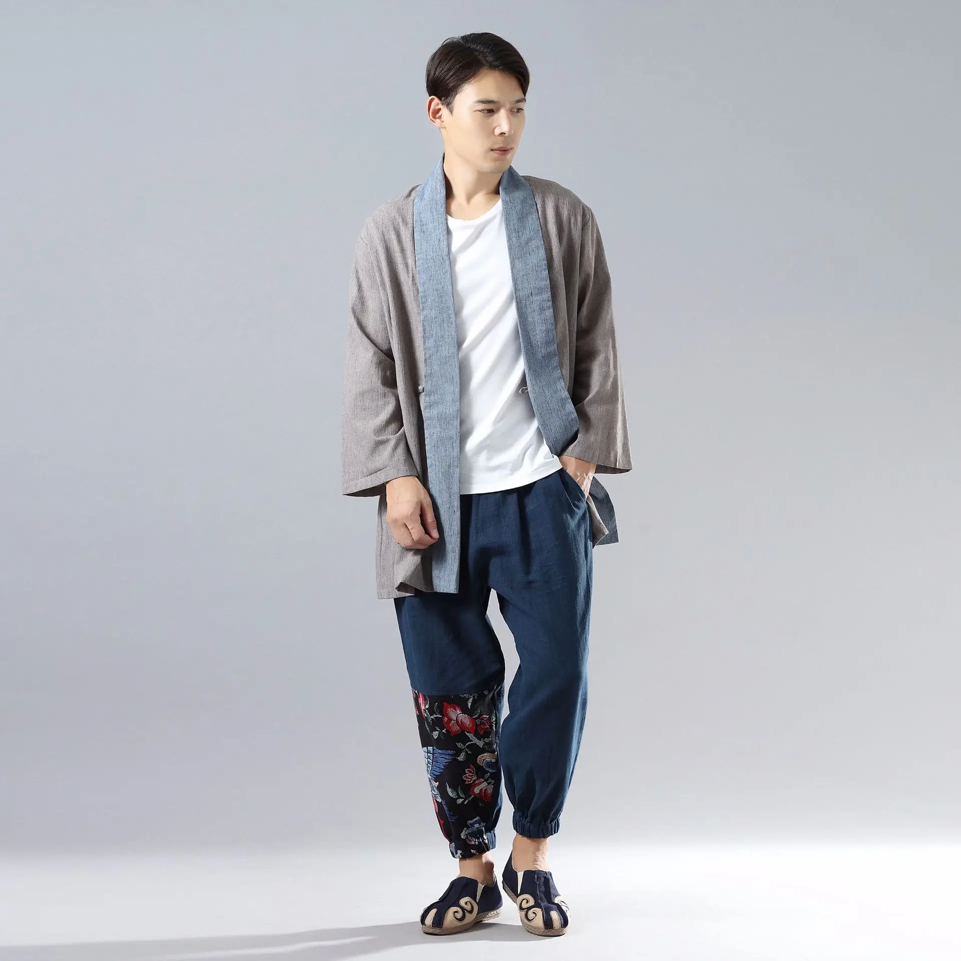 

Autumn New Cotton and Linen Men's Clothes Chinese Improved Cardigan Color Matching Top Shirt