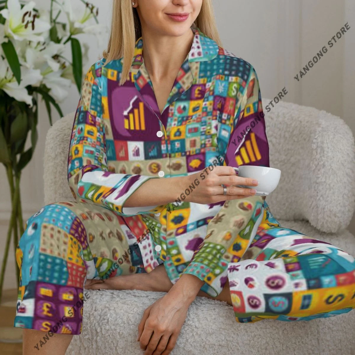 

Spring and Autumn Long Sleeve Pants Pajamas Loungewear Set Shadow Business Icons Women's Pull Edge Loose Sleeping Suit