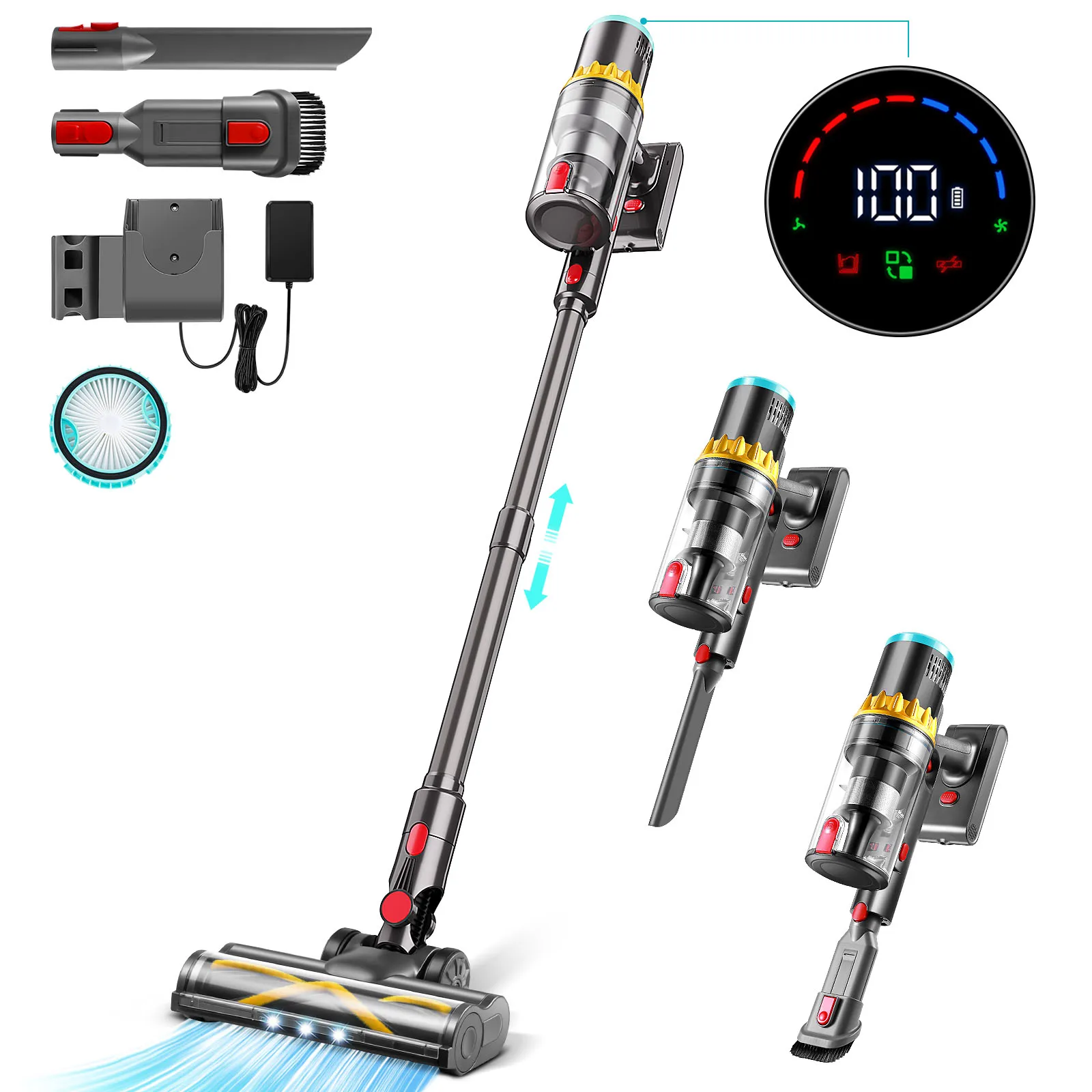 6in1 Cordless Vacuum Cleaner with Touch Screen 250W Brushless Motor Stick Vacuum Cleaner for Home Hardwood Floor Carpet Pet Hair