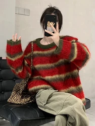 Jmprs Lazy Wind Women Striped Sweaters Vintage Long Sleeve Faux Mink Cashmere Pullovers Tops American Retro Loose Soft Jumpers